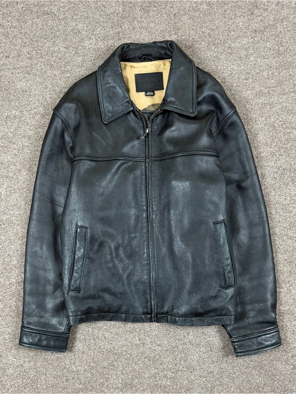 Vintage Black Genuine Leather Bomber Jacket Men’s L Full Zip James Dean 90s Y2K